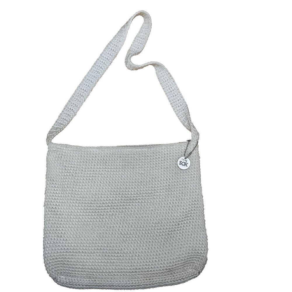 The Sak Shoulder Bag Creamy White Crochet Knit Zip Top Closure Vtg